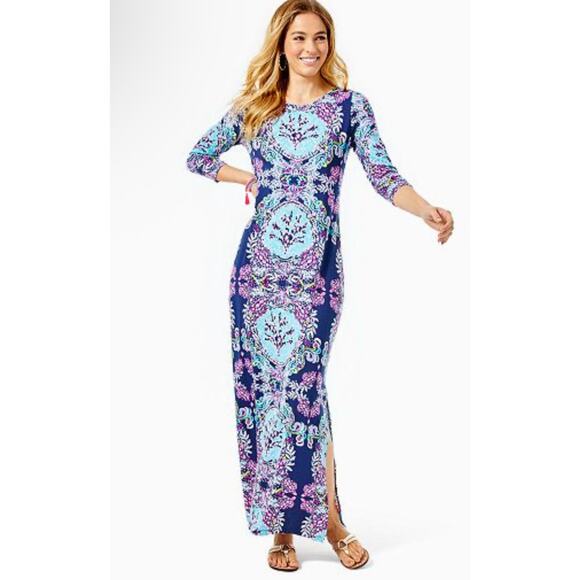 Lilly Pulitzer Morgann Maxi Dress in High Tide Navy Mermaid Size Medium - Picture 2 of 10